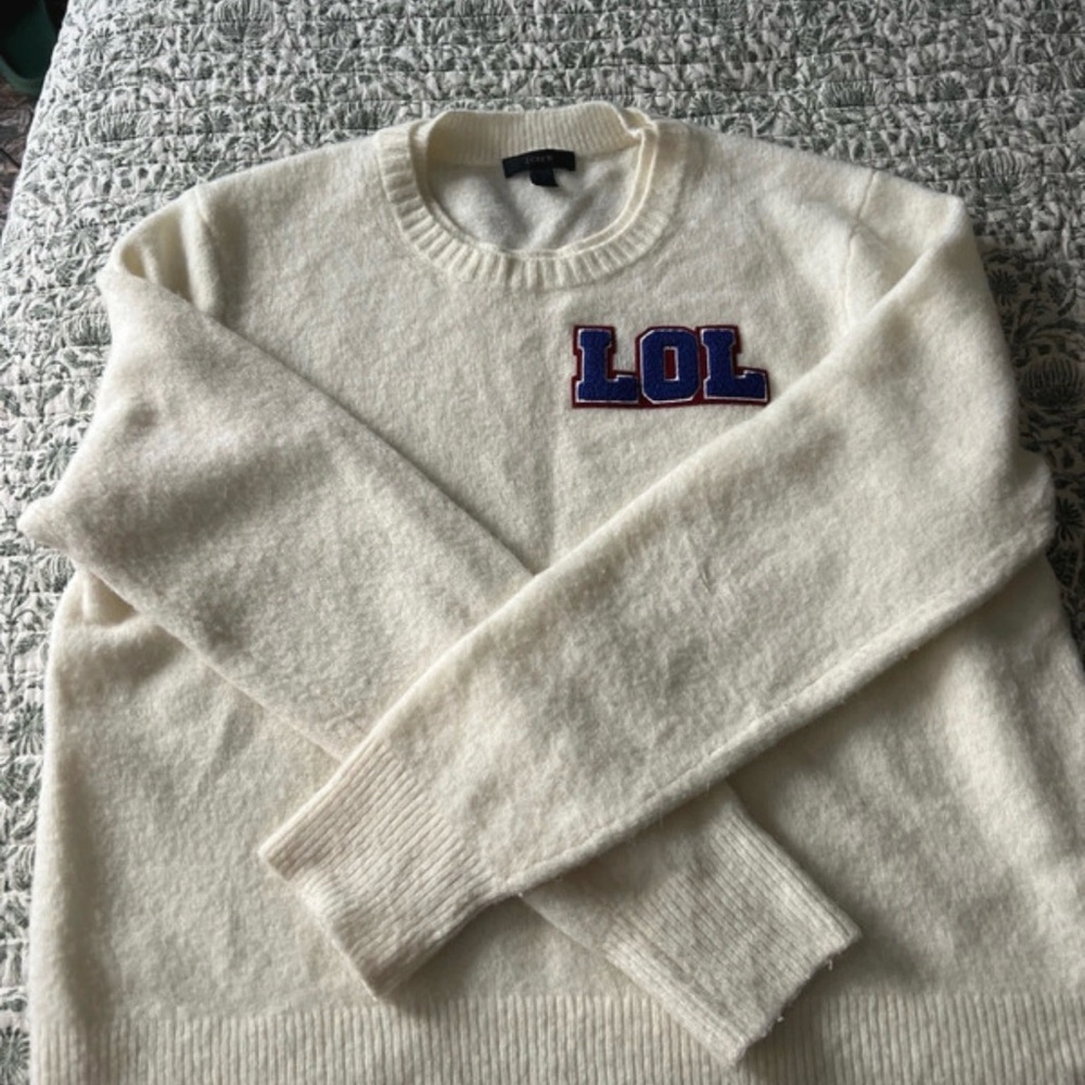 J. Crew Ivory Crewneck Sweater with 'LOL' Patch